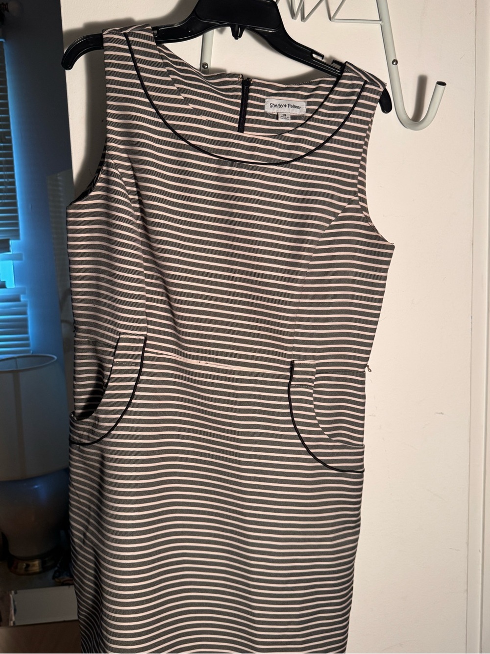 Shelby & Palmer Sleeveless Striped Sheath Dress in Gray and White